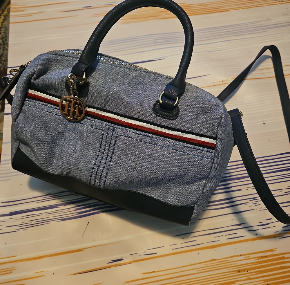 Tommy Hilfiger Navy-Trim Denim Messenger with Tricolor Stripe